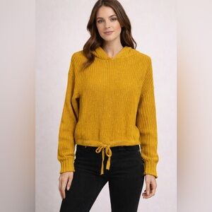 Full Circle Trends Mustard Yellow Chunky Knit Hooded Sweater Drawstring Hem (S)